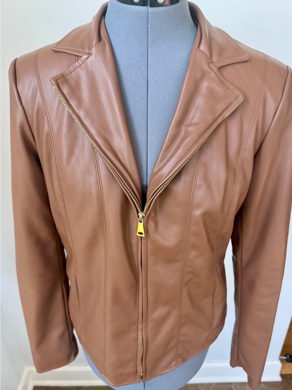 Cole Haan Signature Faux Leather Moto Jacket Brown Zip Women’s Medium Jacket